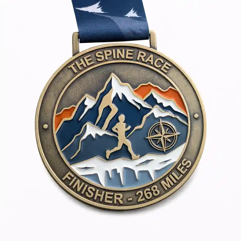 A bronze medal for "The Spine Race" 268 Miles featuring a mountain range with orange and blue accents. A runner is depicted in the foreground, with a compass symbol and snow-capped mountains in the background. The medal is inscribed with "THE SPINE RACE" and "FINISHER - 268 MILES" with a dark blue ribbon featuring bird motifs.