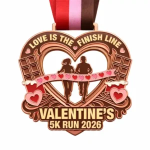 A heart-shaped rose gold medal featuring two runners crossing a finish line with the words "LOVE IS THE FINISH LINE," surrounded by chocolates and candy hearts, with the inscription "VALENTINE'S 5K RUN 2026" and a colorful ribbon attached.