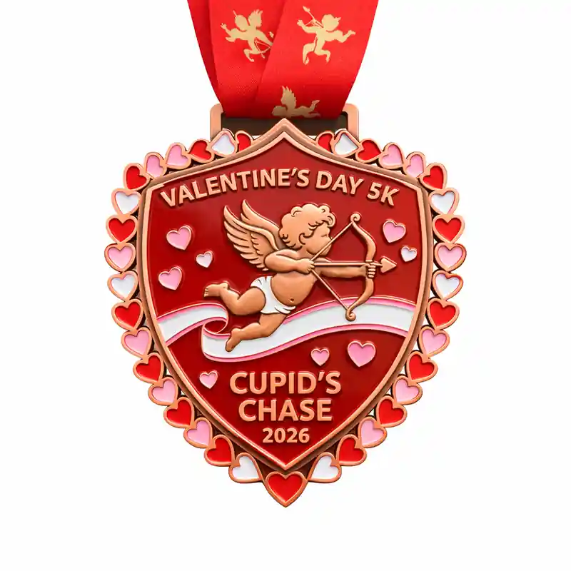 A heart-shaped red medal featuring Cupid with a bow and arrow, surrounded by hearts, and the inscription "VALENTINE'S DAY 5K CUPID'S CHASE 2026" with a red ribbon adorned with cherub images.