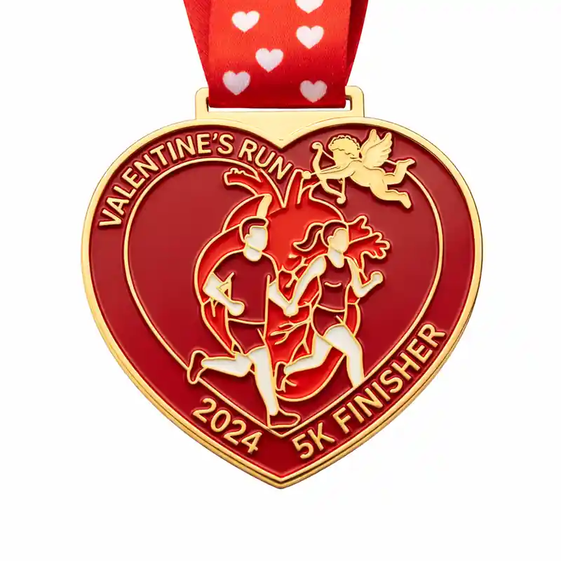A heart-shaped red medal featuring a couple of runners, Cupid flying above, and the inscription "VALENTINE'S RUN 2024 5K FINISHER" with a red ribbon adorned with heart patterns.