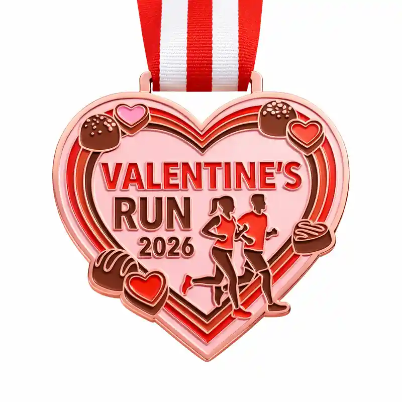 A heart-shaped rose gold medal featuring two runners, chocolates, and candy hearts with the inscription "VALENTINE'S RUN 2026" and a red and white ribbon attached.