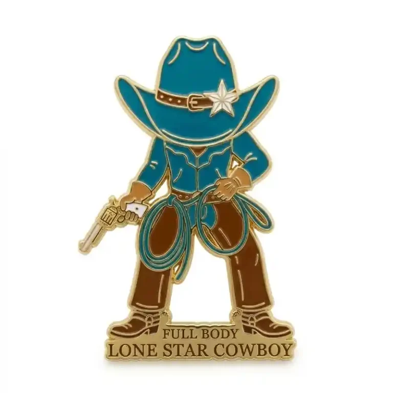 Full body cowboy enamel pin wearing a turquoise hat with star badge, holding a revolver and lasso, labeled “Full Body Lone Star Cowboy.”