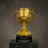 Coupe de champion en or, dotée de poignées décorées et d'une inscription en chinois gravée, posée sur un socle noir, destinée à récompenser les vainqueurs d'une compétition d'e-sport
