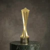 Trophée en forme d'étoile torsadée dorée avec un design moderne et élégant et un texte de base gravé sur un fond gris.