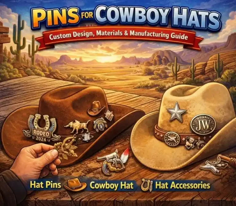 Illustrated poster showing cowboy hats decorated with various pins, titled “Pins for Cowboy Hats – Custom Design, Materials & Manufacturing Guide,” with examples of rodeo, star, horseshoe, and western hat accessories.