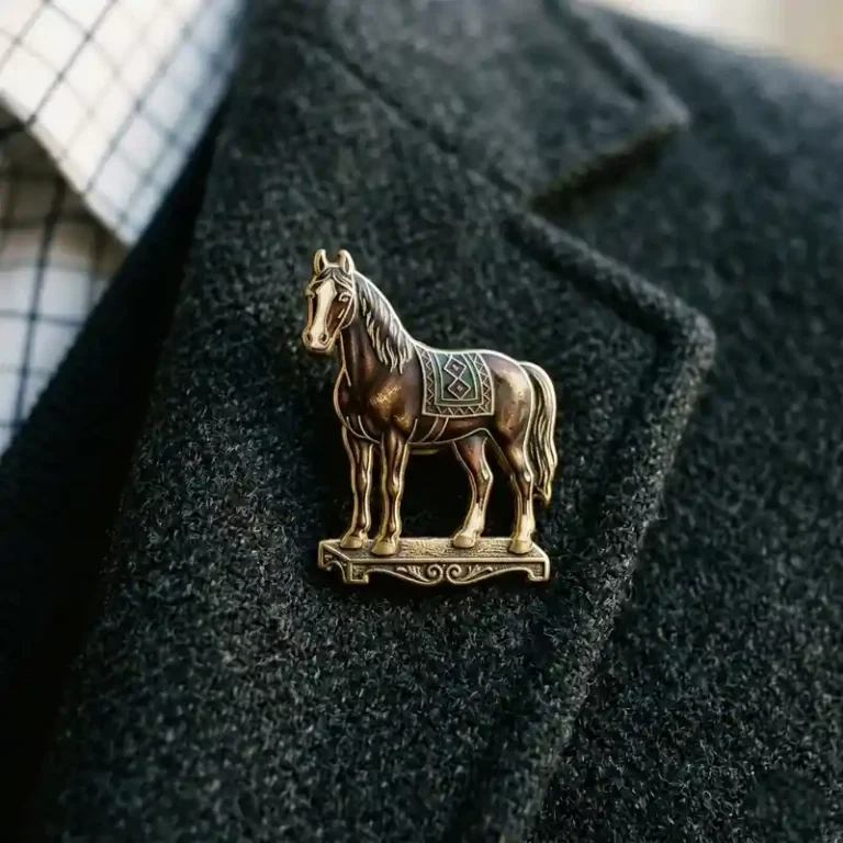 Antique bronze horse lapel pin with decorative saddle blanket mounted on a dark fabric jacket.