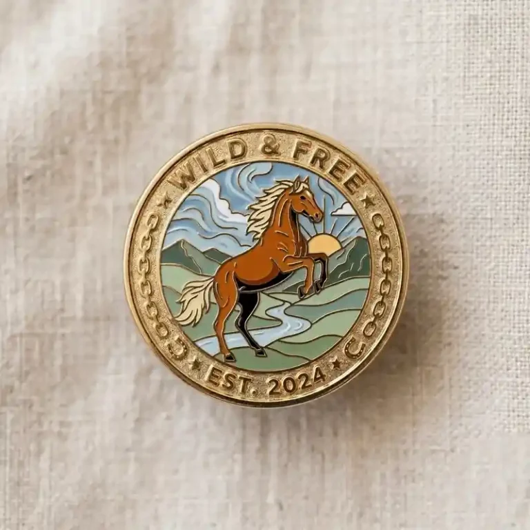 Round enamel pin featuring a running horse in a mountain landscape with sun and river and the text “Wild and Free EST. 2024”.