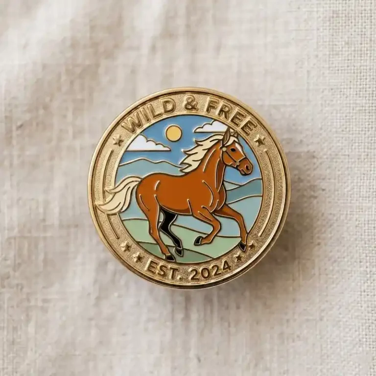 Round enamel pin featuring a running horse in a landscape scene with the text “Wild and Free EST. 2024”.
