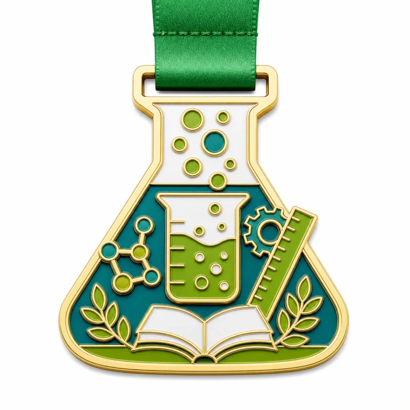 Becherkolben Wissenschaftsolympiade Medaille aus weicher Emaille mit polierten goldenen Metallkonturen, grünem Band, kolbenförmiger Kontur, Molekülknoten, Lineal, Zahnraddetails und weißem Hintergrund.