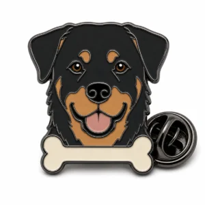 Bone Base Rottweiler Pin soft enamel pin with raised metal outlines, flat enamel color sections, connected badge details, and a butterfly clutch on a white background.