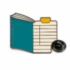 Book tab library card pin with black nickel metal outlines, teal book silhouette, cream checkout card panels, yellow tab, and a butterfly clutch on white.