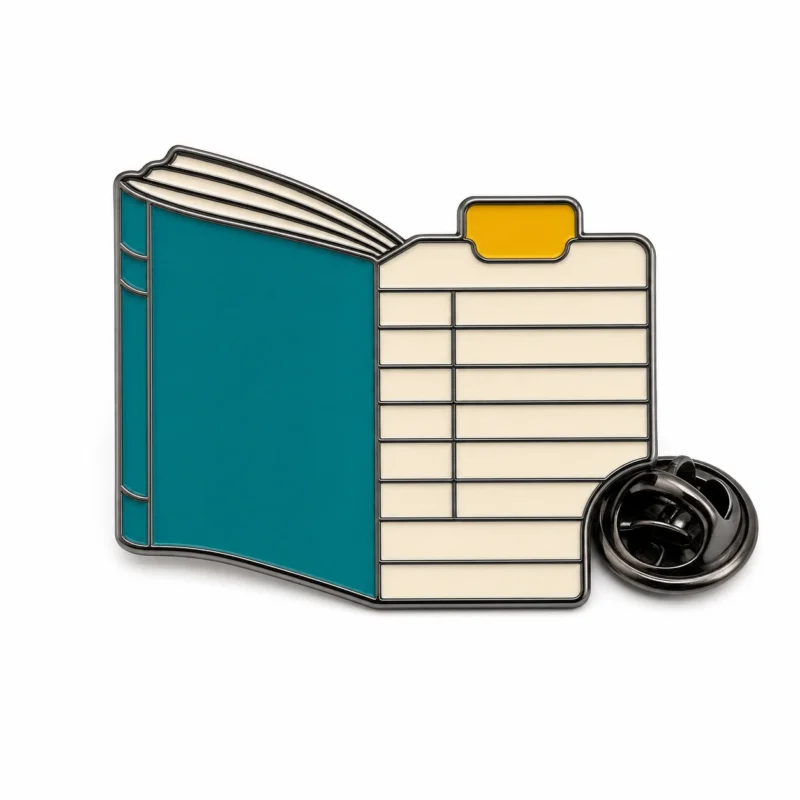 Book tab library card pin with black nickel metal outlines, teal book silhouette, cream checkout card panels, yellow tab, and a butterfly clutch on white.