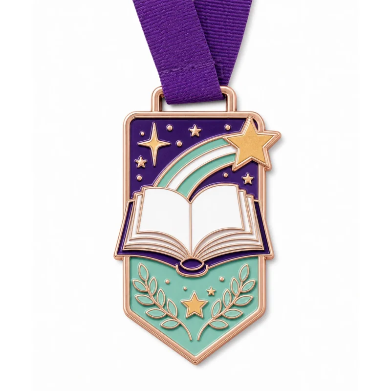 Медаль с мягкой эмалью Bookmark shield Reading Challenge Medal с металлическими контурами цвета розового золота, фиолетовой лентой на шее, формой щита закладки, открытой книгой, акцентами в виде падающей звезды и лавра и белым фоном.