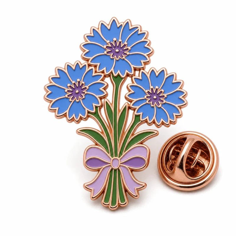 Spilla con bouquet di fiordalisi con contorni in metallo oro rosa, tre fiori blu, steli e foglie verdi, nastro color lavanda e una pochette a farfalla su sfondo bianco.