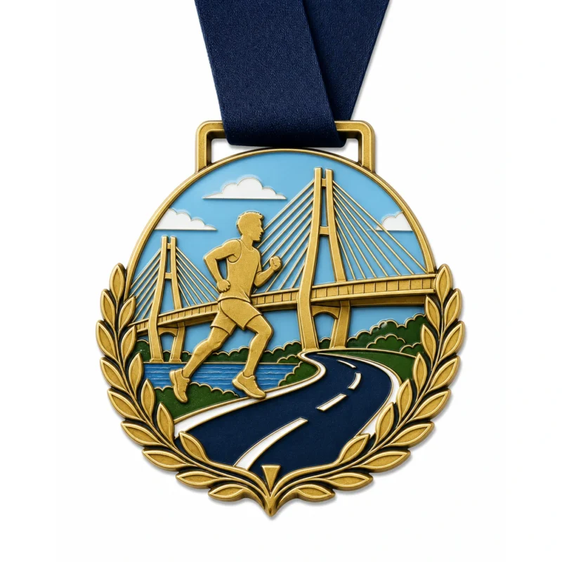 Medaglia Bridge road Half Marathon Finisher Medaglia in smalto morbido con contorni in metallo dorato lucido, nastro da collo navy, forma a ponte, strada curva, sagoma del corridore, rami di alloro e sfondo bianco.
