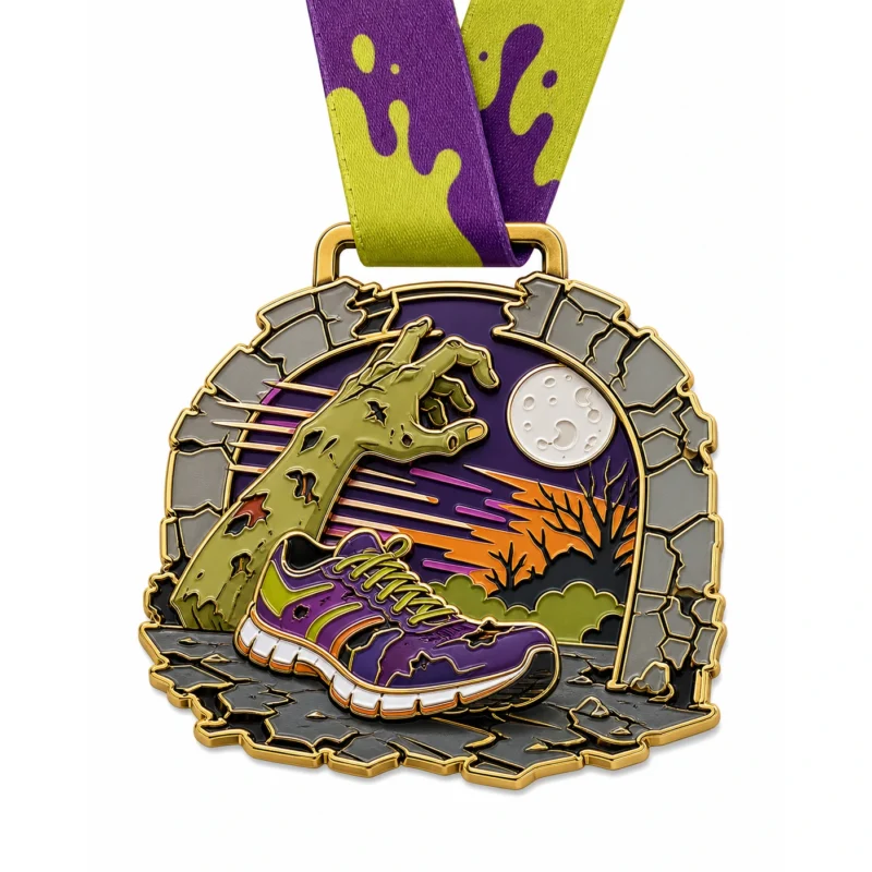 Медаль Zombie Run Medal из мягкой эмали с контурами из полированного золотистого металла, фиолетовой и лаймовой лентой на шее, формой сломанной арки, рукой зомби, беговым ботинком, луной и потрескавшимся тротуаром и белым фоном.