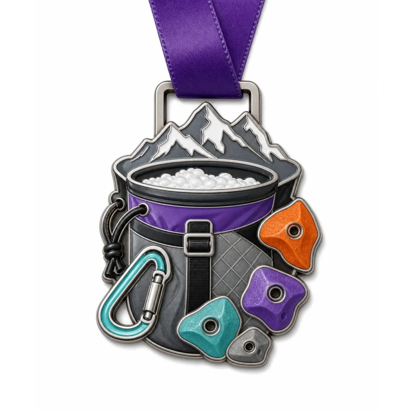 Медаль Chalk bag Bouldering Medal из мягкой эмали с контурами из полированного серебристого металла, фиолетовой лентой на шее, формой мешка для мела, карабином, скалолазными упорами, горным хребтом и упорами для рук и белым фоном.