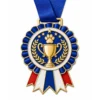 Champion rosette Best in Show Medal soft enamel medal with polished gold metal outlines, royal blue neck ribbon, rosette shape, trophy cup, laurel leaves and paw print accents, and white background.