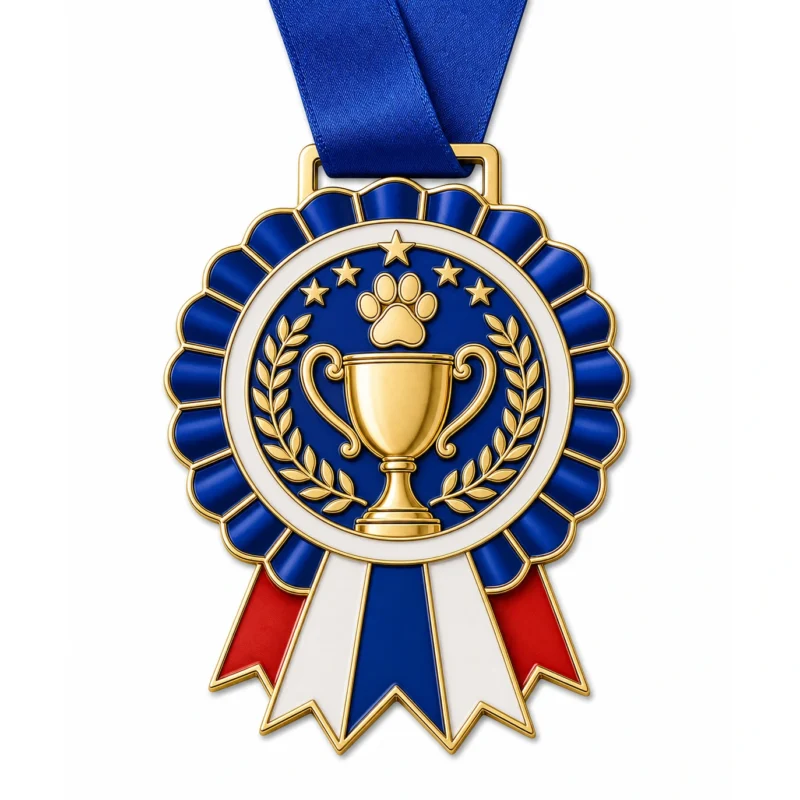 Champion rosette Best in Show Medal soft enamel medal with polished gold metal outlines, royal blue neck ribbon, rosette shape, trophy cup, laurel leaves and paw print accents, and white background.