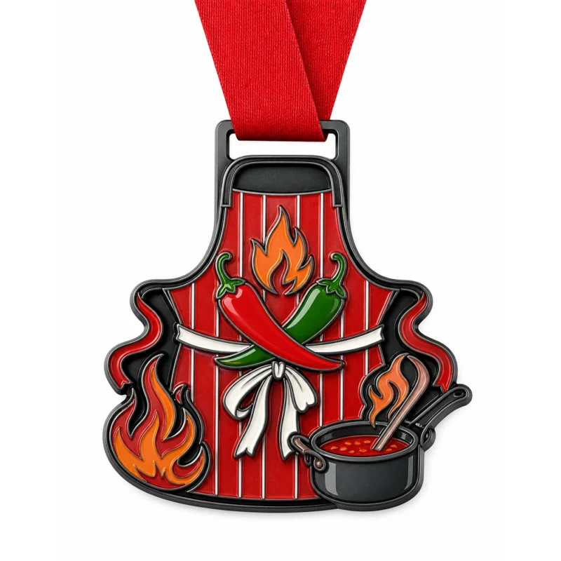 Kochschürze Chili Cook Off Medaille aus weicher Emaille mit schwarzem Nickelmetall, rotem Halsband, Schürzenform, gekreuzten Chilischoten, Soßenpfanne, Löffel und Flammenakzenten und weißem Hintergrund.
