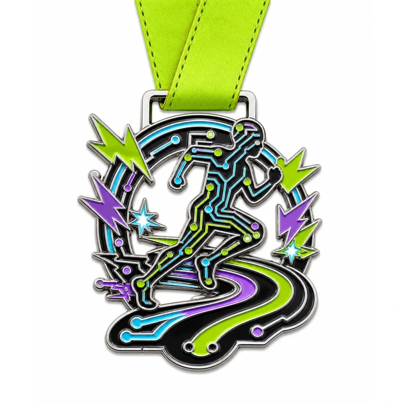 Медаль Circuit runner Electric Run Medal из мягкой эмали с контурами из полированного серебристого металла, неоново-зеленой лентой на шее, формой трассы из печатных плат, силуэтом бегуна, акцентами в виде искр и беговой дорожки и белым фоном.