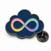Cloud infinity neurodivergent pin with black nickel outlines, navy cloud body, pastel rainbow enamel loop, and a butterfly clutch on white.