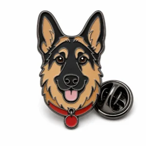 Collar Tag German Shepherd Pin soft enamel pin with raised metal outlines, flat enamel color sections, connected badge details, and a butterfly clutch on a white background.