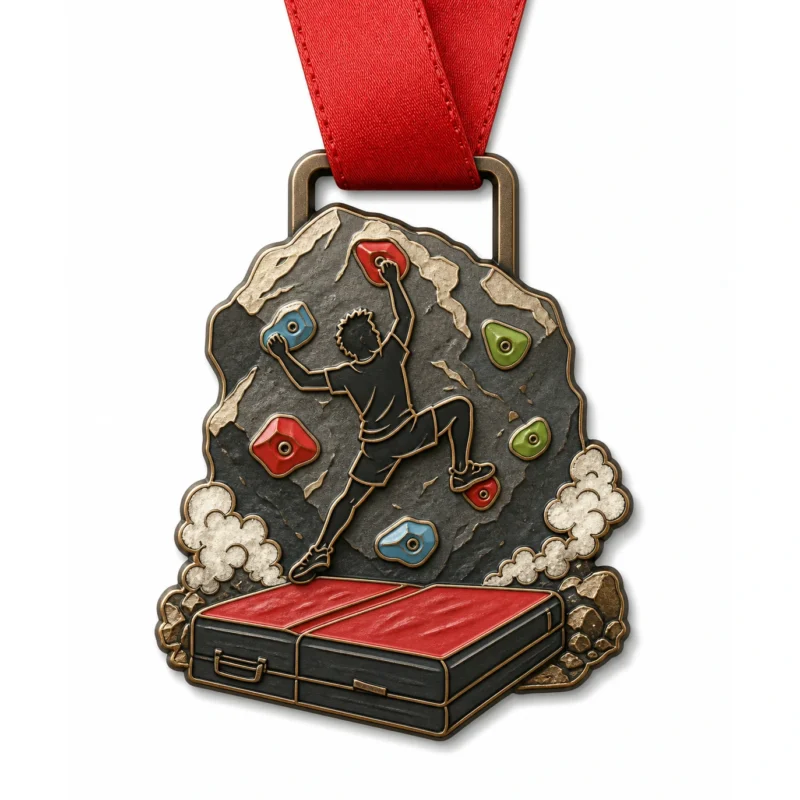 Медаль Crash pad Bouldering Medal из мягкой эмали с металлическими контурами цвета античной бронзы, красной лентой на шее, сложенной формой площадки для аварий, контуром изрезанного валуна, скалолазными креплениями и силуэтом альпиниста и белым фоном.