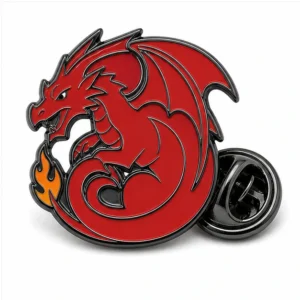 Curled Flame Welsh Dragon Pin soft enamel pin with raised metal outlines, flat enamel color sections, connected badge details, and a butterfly clutch on a white background.