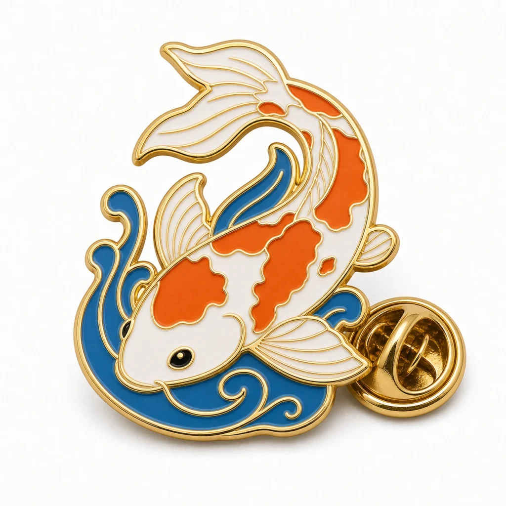 Gebogene Koi-Anstecknadel mit erhabenen goldenen Metallkonturen, weißem Körper mit orangefarbenen Flecken, fließenden Flossen, blauem Wasserwirbel und einem Schmetterlingsgriff auf Weiß.