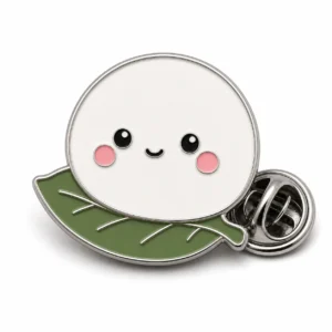 Cute Character Mochi Pin soft enamel pin with raised metal outlines, flat enamel color sections, connected badge details, and a butterfly clutch on a white background.