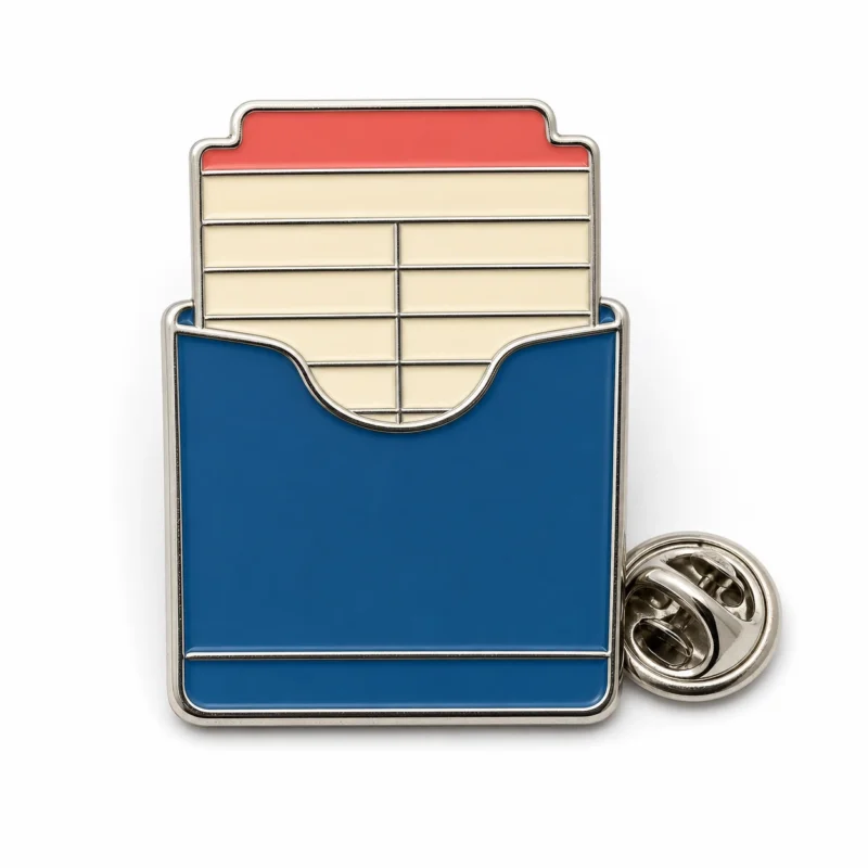 Due date pocket library card pin with raised silver metal outlines, blue pocket shape, cream insert rows, coral tab detail, and a butterfly clutch on white.