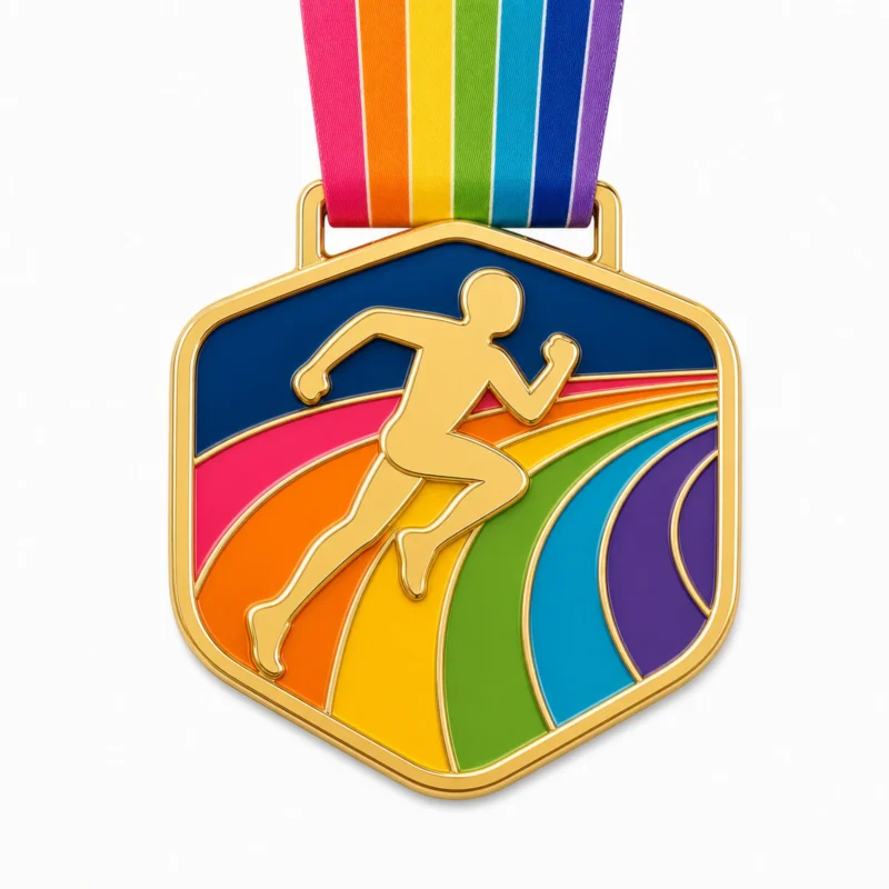 Medaglia in smalto morbido con contorni dorati in rilievo, pannelli piatti del percorso arcobaleno, motivo del corridore collegato, anello per appendere e nastro su sfondo bianco.