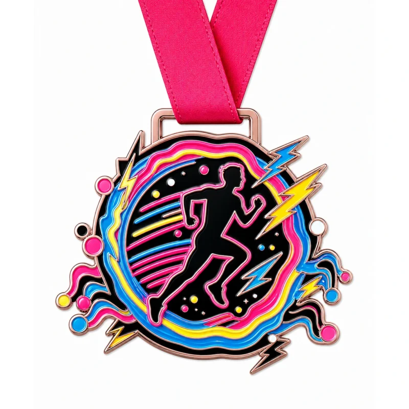 Медаль Electric Run Medal из мягкой эмали с металлическими контурами цвета розового золота, розовой лентой на шее, светящимся энергетическим кольцом, силуэтом бегуна, акцентами в виде молнии и скоростной трассы и белым фоном.