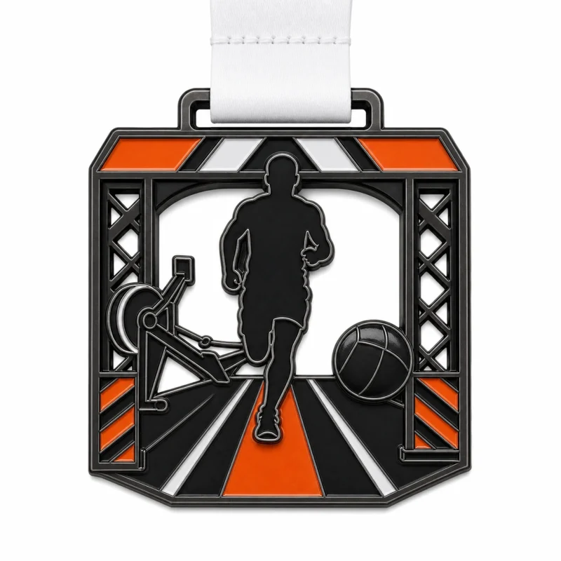 Медаль финишера HYROX Finisher Medal из мягкой эмали с металлическими контурами из черного никеля, белой лентой, корпусом в форме арки, силуэтом бегуна, рукояткой для гребли, кругом из настенного мяча и белым фоном.