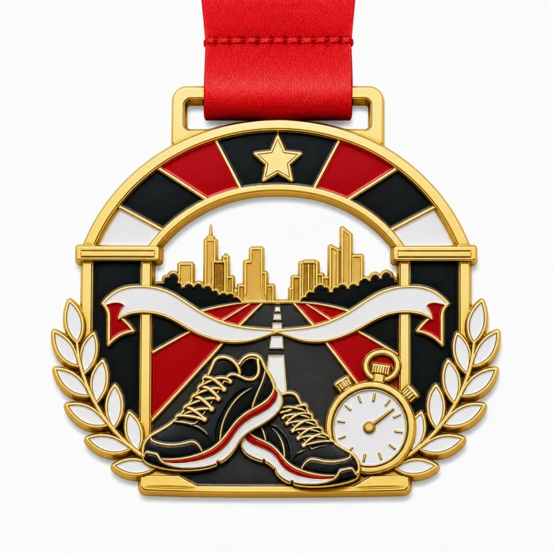 Медаль "Финишная арка" Marathon Finisher Medal из мягкой эмали с контурами из полированного золотистого металла, красной лентой, формой арки, финишной лентой, беговыми кроссовками, секундомером, лавровыми ветвями и белым фоном.