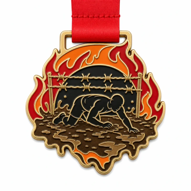 Мягкая эмалевая медаль Fire crawl Tough Mudder Medal с контурами из полированного золотистого металла, красной лентой, силуэтом ползущего бегуна, огненными дугами, грязевой лужей, соединенной линией препятствий и белым фоном.