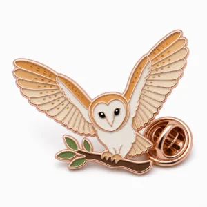 Flying Barn Owl Pin soft enamel pin with raised metal outlines, flat enamel color sections, connected badge details, and a butterfly clutch on a white background.