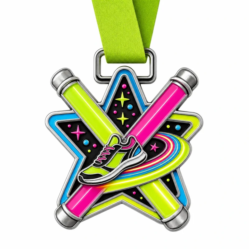 Медаль Glow Run Medal из мягкой эмали с контурами из полированного серебристого металла, лентой на шее цвета лайма, перекрещенными светящимися палочками в форме звезды, беговым ботинком и световым следом, на белом фоне.