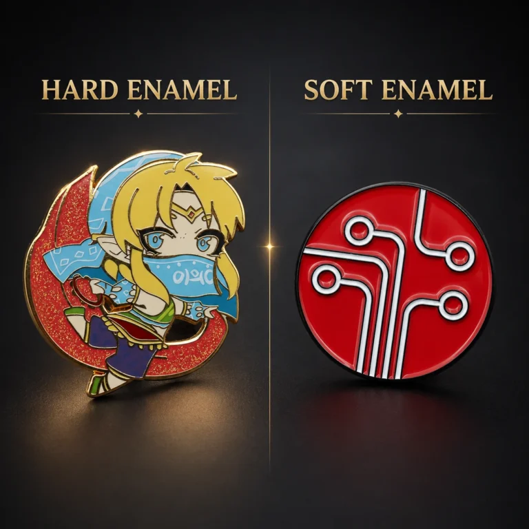 Deux épingles en émail sur fond noir illustrant la différence entre l'émail dur et l'émail mou. Le pin de gauche est un personnage coloré en émail dur, tandis que le pin de droite est un pin en émail mou rouge avec un simple motif de circuit en ligne.