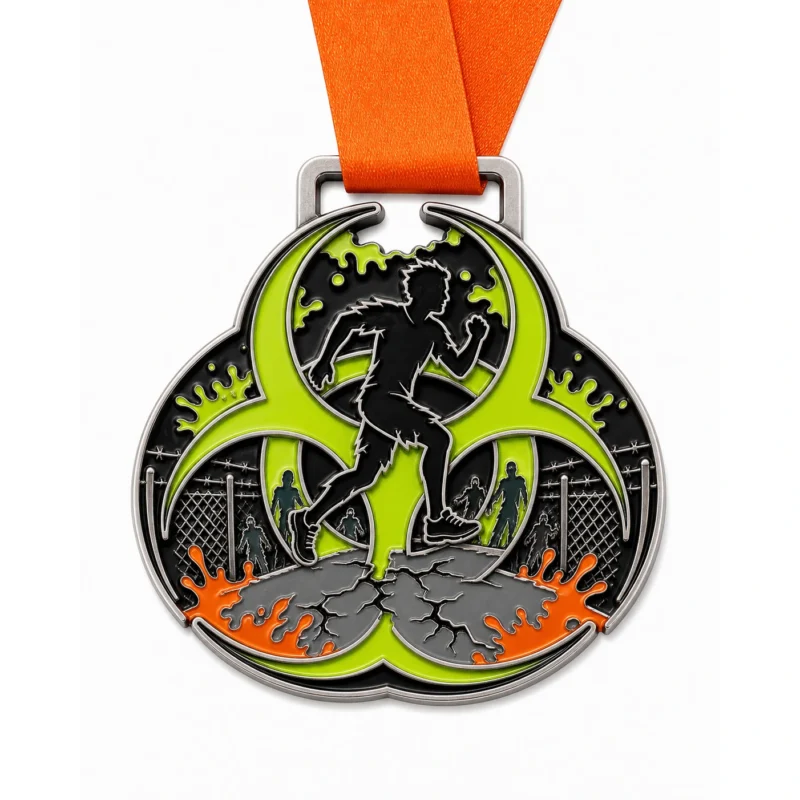 Медаль Hazard Runner Zombie Run Medal из мягкой эмали с контурами из полированного серебристого металла, оранжевой лентой на шее, формой в стиле биологической опасности, силуэтом бегуна, брызгами опасности и трещинами на дороге, а также белым фоном.