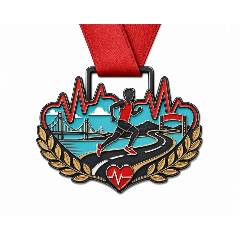 Medaglia Heart rate road Half Marathon Finisher Medaglia in smalto morbido con contorni in metallo nichelato nero, nastro rosso al collo, forma a cuore della strada, arco di arrivo, corridore, ponte e accenti di alloro e sfondo bianco.