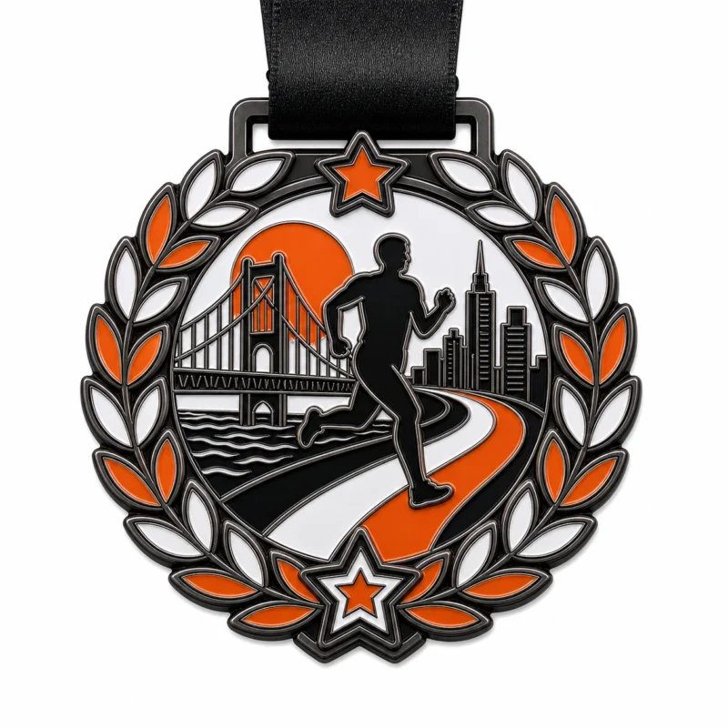 Медаль Laurel road Marathon Finisher Medal из мягкой эмали с контурами из черного никелированного металла, черной лентой, контуром венка, изгибом дороги, силуэтом бегуна, городским мостом, панелями звезд и белым фоном.