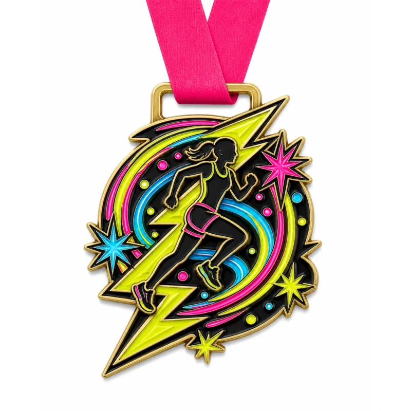 Медаль Lightning Trail Glow Run Medal из мягкой эмали с контурами из полированного золотистого металла, горяче-розовой лентой на шее, формой молнии, бегуном, круговым световым следом, вспышками звезд и белым фоном.