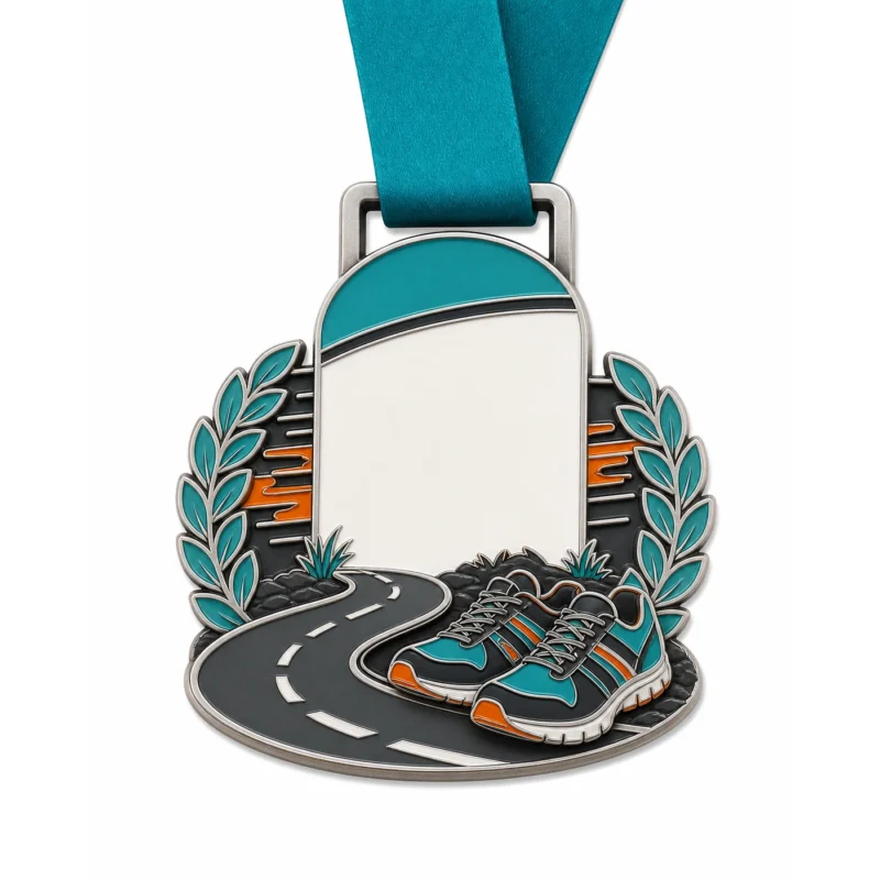 Milestone Marker 10K Finisher Medal weiche Emaille-Medaille mit poliertem Silber Metall Konturen, teal Halsband, leere Marker Form, kurvenreiche Straße, Laufschuhe, Lorbeerblätter, und weißem Hintergrund.