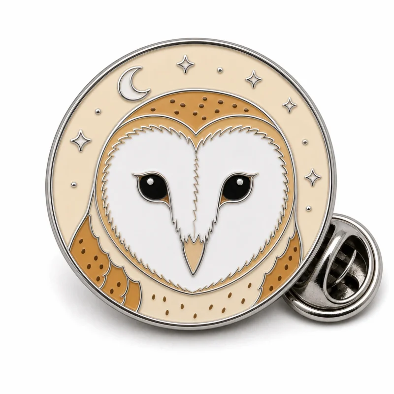 Мягкая эмалевая булавка Moon Portrait Barn Owl Pin с рельефными металлическими контурами, плоскими цветными участками эмали, соединенными деталями значка и муфтой в виде бабочки на белом фоне.