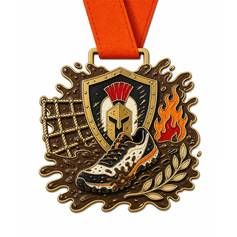 Mud Route Warrior Dash Medaille weiche Emaille Medaille mit poliertem Gold Metall Konturen, orange Halsband, Schlammspritzer Route Form, Krieger Schild, Laufschuh, Seil und Flamme Details, und weißem Hintergrund.