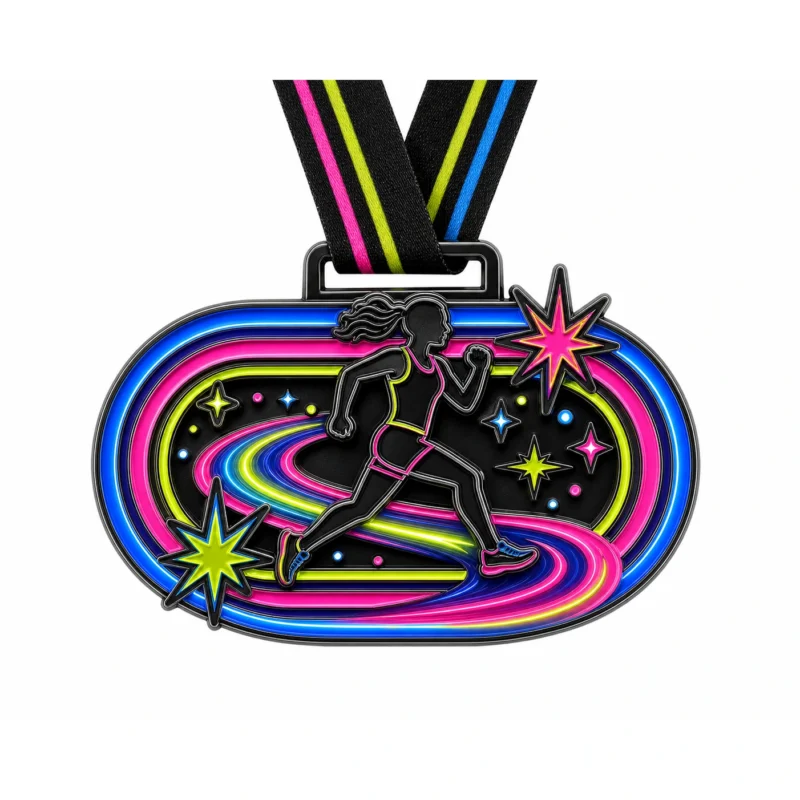 Медаль Glow Run Medal из мягкой эмали с контурами из черного никелированного металла, черной неоновой лентой на шее, формой беговой дорожки, силуэтом бегуна, вспышками света и белым фоном.