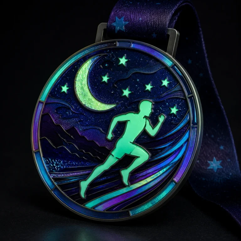 A round medal with glow-in-the-dark runner silhouette under a crescent moon and stars, featuring a blue and purple color scheme with a night sky theme.