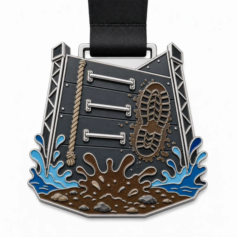 Медаль с препятствиями Tough Mudder Medal из мягкой эмали с контурами из полированного серебристого металла, черной лентой, перекладинами скалодрома, подъемом по канату, принтом грязных ботинок, панелями с брызгами воды и белым фоном.